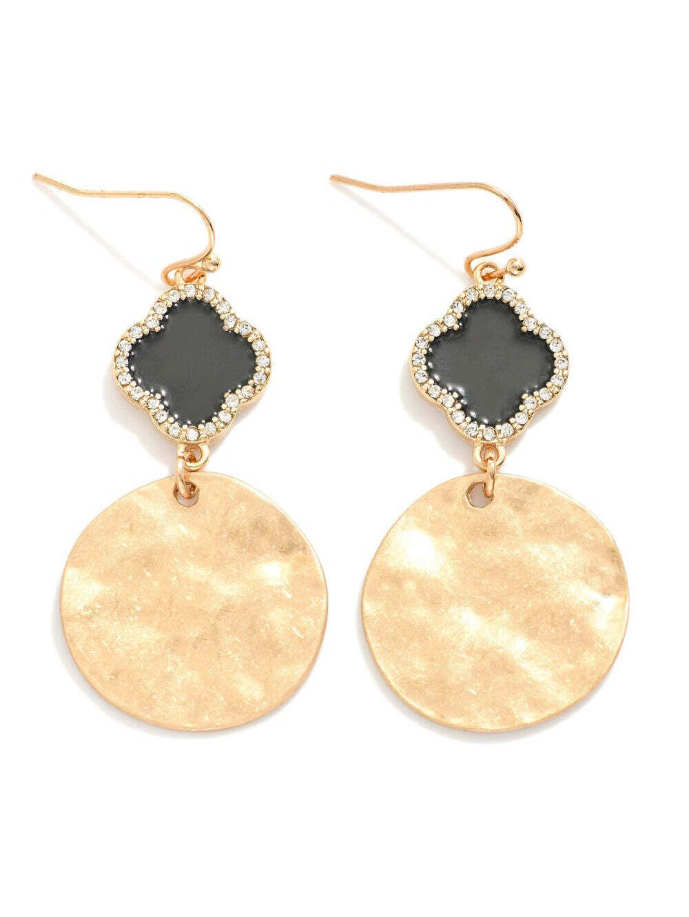 Black Clover Rhinestone Gold Hammered Disc Drop Earrings